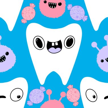 Kağıt, kumaş, çarşaf, çocuk giysisi baskısı, doktor aksesuarları ve eczane ambalajları için tıbbî ve kusursuz diş deseni. Yüksek kaliteli illüstrasyon