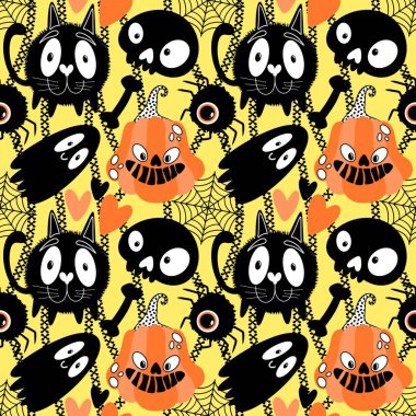 Cadılar Bayramı hayaletleri kağıt, kumaş, çarşaf ve çocuk giysileri baskısı, ambalaj ve şenlikli aksesuarlar için kusursuz çizgi film desenleri. Yüksek kaliteli illüstrasyon