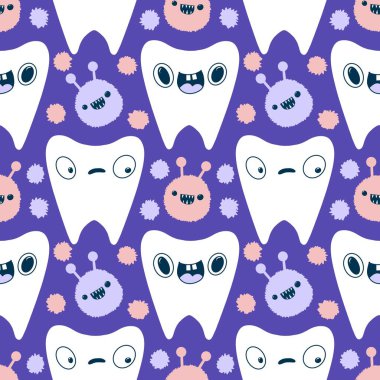 Kağıt, kumaş, çarşaf, çocuk giysisi baskısı, doktor aksesuarları ve eczane ambalajları için tıbbî ve kusursuz diş deseni. Yüksek kaliteli illüstrasyon