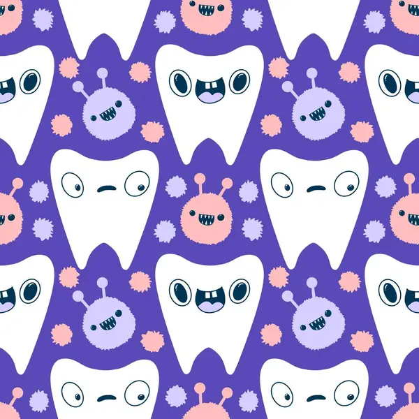 Kağıt, kumaş, çarşaf, çocuk giysisi baskısı, doktor aksesuarları ve eczane ambalajları için tıbbî ve kusursuz diş deseni. Yüksek kaliteli illüstrasyon