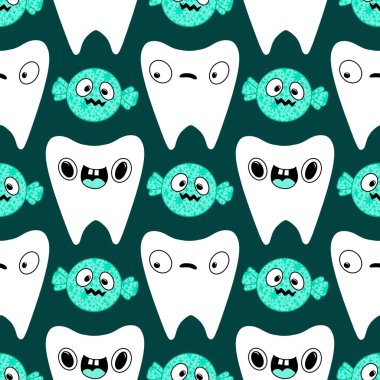 Kağıt, kumaş, çarşaf, çocuk giysisi baskısı, doktor aksesuarları ve eczane ambalajları için tıbbî ve kusursuz diş deseni. Yüksek kaliteli illüstrasyon