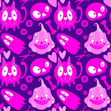 Cadılar Bayramı hayaletleri kağıt, kumaş, çarşaf ve çocuk giysileri baskısı, ambalaj ve şenlikli aksesuarlar için kusursuz çizgi film desenleri. Yüksek kaliteli illüstrasyon