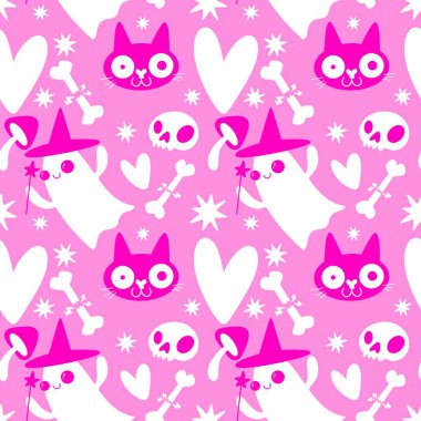 Cadılar Bayramı hayaletleri kağıt, kumaş, çarşaf ve çocuk giysileri baskısı, ambalaj ve şenlikli aksesuarlar için kusursuz çizgi film desenleri. Yüksek kaliteli illüstrasyon