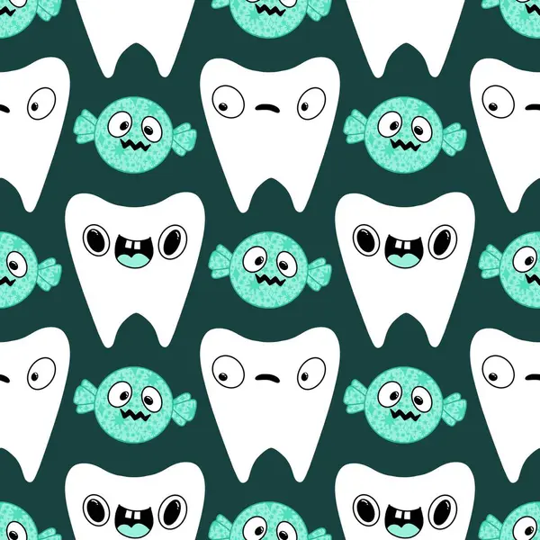 Kağıt, kumaş, çarşaf, çocuk giysisi baskısı, doktor aksesuarları ve eczane ambalajları için tıbbî ve kusursuz diş deseni. Yüksek kaliteli illüstrasyon