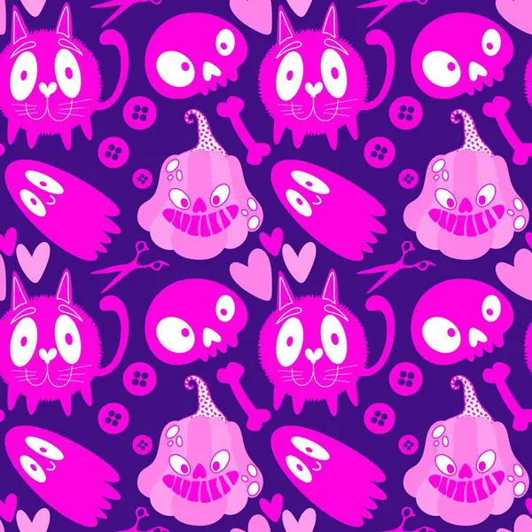 Cadılar Bayramı hayaletleri kağıt, kumaş, çarşaf ve çocuk giysileri baskısı, ambalaj ve şenlikli aksesuarlar için kusursuz çizgi film desenleri. Yüksek kaliteli illüstrasyon