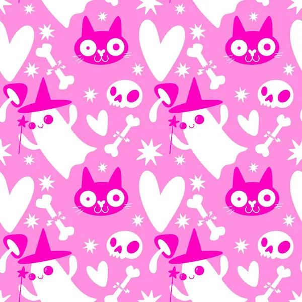 Cadılar Bayramı hayaletleri kağıt, kumaş, çarşaf ve çocuk giysileri baskısı, ambalaj ve şenlikli aksesuarlar için kusursuz çizgi film desenleri. Yüksek kaliteli illüstrasyon