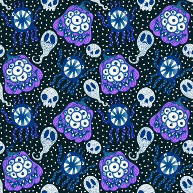 Cadılar Bayramı balkabakları kağıt, kumaş, çarşaf, çocuk giysisi baskısı, şenlik ambalajı ve sonbahar partisi aksesuarları için kusursuz canavar desenleri. Yüksek kaliteli illüstrasyon