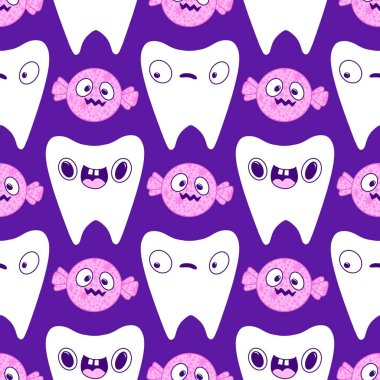 Kağıt, kumaş, çarşaf, çocuk giysisi baskısı, doktor aksesuarları ve eczane ambalajları için tıbbî ve kusursuz diş deseni. Yüksek kaliteli illüstrasyon
