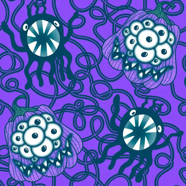 Cadılar Bayramı balkabakları kağıt, kumaş, çarşaf, çocuk giysisi baskısı, şenlik ambalajı ve sonbahar partisi aksesuarları için kusursuz canavar desenleri. Yüksek kaliteli illüstrasyon