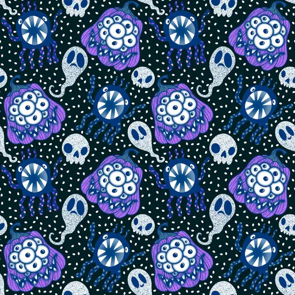 Cadılar Bayramı balkabakları kağıt, kumaş, çarşaf, çocuk giysisi baskısı, şenlik ambalajı ve sonbahar partisi aksesuarları için kusursuz canavar desenleri. Yüksek kaliteli illüstrasyon