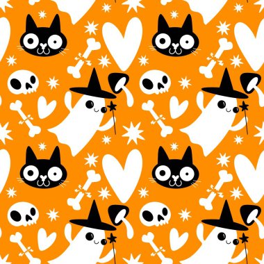 Cadılar Bayramı hayaletleri kağıt, kumaş, çarşaf ve çocuk giysileri baskısı, ambalaj ve şenlikli aksesuarlar için kusursuz çizgi film desenleri. Yüksek kaliteli illüstrasyon