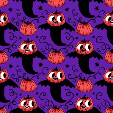 Cadılar Bayramı hayaletleri kağıt, kumaş, çarşaf ve çocuk giysileri baskısı, ambalaj ve şenlikli aksesuarlar için kusursuz çizgi film desenleri. Yüksek kaliteli illüstrasyon