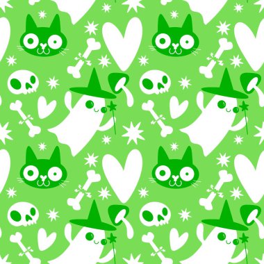 Cadılar Bayramı hayaletleri kağıt, kumaş, çarşaf ve çocuk giysileri baskısı, ambalaj ve şenlikli aksesuarlar için kusursuz çizgi film desenleri. Yüksek kaliteli illüstrasyon