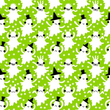 Cadılar Bayramı hayaletleri kağıt, kumaş, çarşaf ve çocuk giysileri baskısı, ambalaj ve şenlikli aksesuarlar için kusursuz çizgi film desenleri. Yüksek kaliteli illüstrasyon