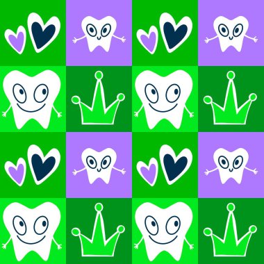 Kağıt, kumaş, çarşaf, çocuk giysisi baskısı, doktor aksesuarları ve eczane ambalajları için tıbbî ve kusursuz diş deseni. Yüksek kaliteli illüstrasyon