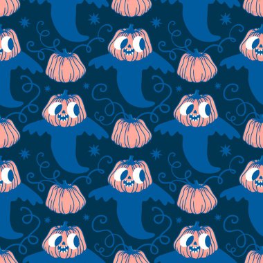 Cadılar Bayramı hayaletleri kağıt, kumaş, çarşaf ve çocuk giysileri baskısı, ambalaj ve şenlikli aksesuarlar için kusursuz çizgi film desenleri. Yüksek kaliteli illüstrasyon