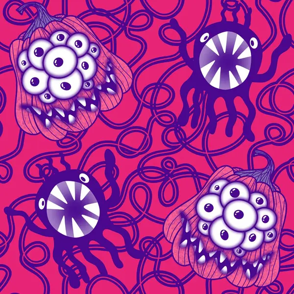 Cadılar Bayramı balkabakları kağıt, kumaş, çarşaf, çocuk giysisi baskısı, şenlik ambalajı ve sonbahar partisi aksesuarları için kusursuz canavar desenleri. Yüksek kaliteli illüstrasyon