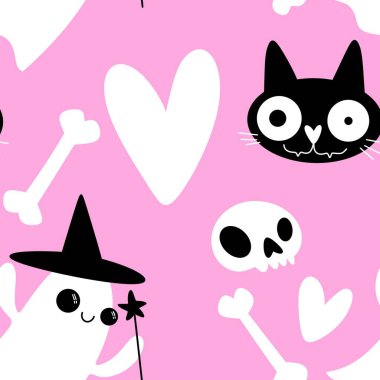 Cadılar Bayramı hayaletleri kağıt, kumaş, çarşaf ve çocuk giysileri baskısı, ambalaj ve şenlikli aksesuarlar için kusursuz çizgi film desenleri. Yüksek kaliteli illüstrasyon