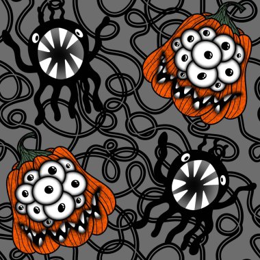 Cadılar Bayramı balkabakları kağıt, kumaş, çarşaf, çocuk giysisi baskısı, şenlik ambalajı ve sonbahar partisi aksesuarları için kusursuz canavar desenleri. Yüksek kaliteli illüstrasyon