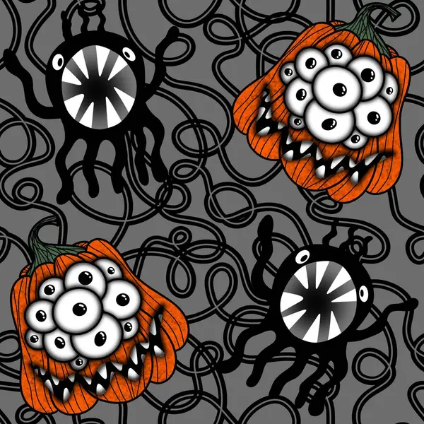 Cadılar Bayramı balkabakları kağıt, kumaş, çarşaf, çocuk giysisi baskısı, şenlik ambalajı ve sonbahar partisi aksesuarları için kusursuz canavar desenleri. Yüksek kaliteli illüstrasyon