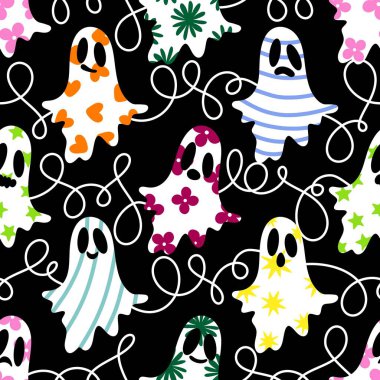 Cadılar Bayramı hayaletleri kağıt, kumaş, çarşaf ve çocuk giysileri baskısı, ambalaj ve şenlikli aksesuarlar için kusursuz çizgi film desenleri. Yüksek kaliteli illüstrasyon