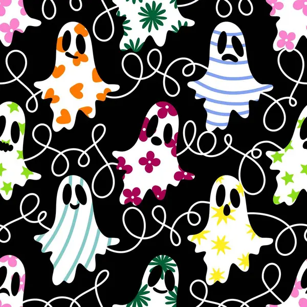 Cadılar Bayramı hayaletleri kağıt, kumaş, çarşaf ve çocuk giysileri baskısı, ambalaj ve şenlikli aksesuarlar için kusursuz çizgi film desenleri. Yüksek kaliteli illüstrasyon