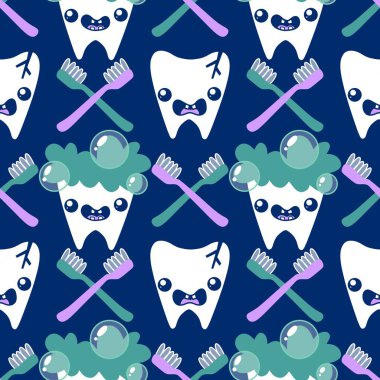 Kağıt, kumaş, çarşaf, çocuk giysisi baskısı, doktor aksesuarları ve eczane ambalajları için tıbbî ve kusursuz diş deseni. Yüksek kaliteli illüstrasyon