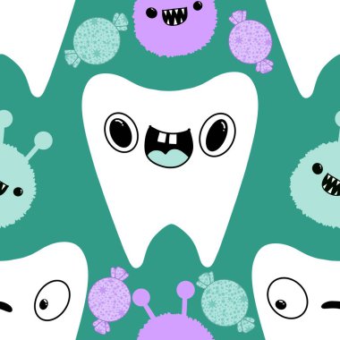 Kağıt, kumaş, çarşaf, çocuk giysisi baskısı, doktor aksesuarları ve eczane ambalajları için tıbbî ve kusursuz diş deseni. Yüksek kaliteli illüstrasyon