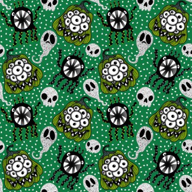 Cadılar Bayramı balkabakları kağıt, kumaş, çarşaf, çocuk giysisi baskısı, şenlik ambalajı ve sonbahar partisi aksesuarları için kusursuz canavar desenleri. Yüksek kaliteli illüstrasyon