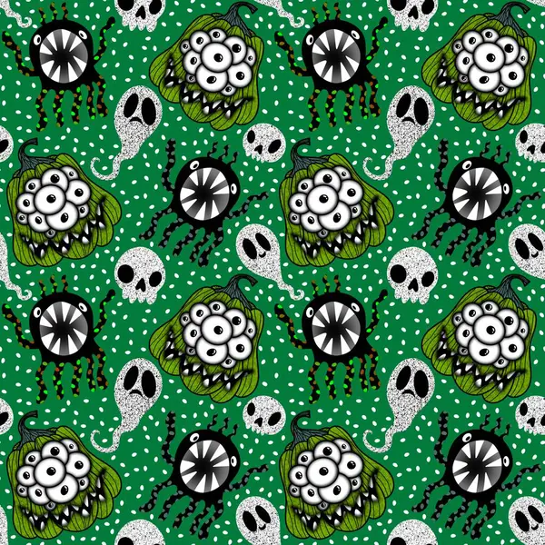 Cadılar Bayramı balkabakları kağıt, kumaş, çarşaf, çocuk giysisi baskısı, şenlik ambalajı ve sonbahar partisi aksesuarları için kusursuz canavar desenleri. Yüksek kaliteli illüstrasyon