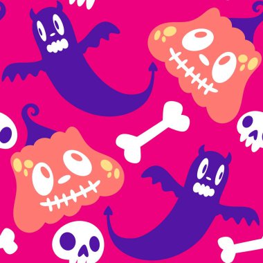 Cadılar Bayramı hayaletleri kağıt, kumaş, çarşaf ve çocuk giysileri baskısı, ambalaj ve şenlikli aksesuarlar için kusursuz çizgi film desenleri. Yüksek kaliteli illüstrasyon