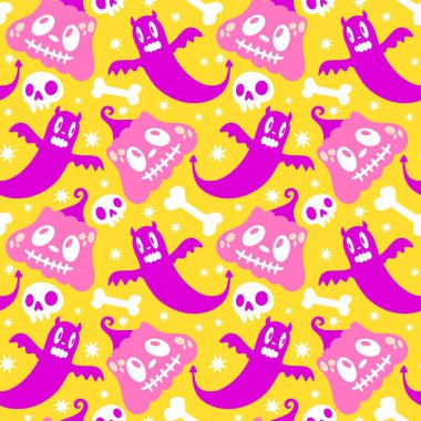 Cadılar Bayramı hayaletleri kağıt, kumaş, çarşaf ve çocuk giysileri baskısı, ambalaj ve şenlikli aksesuarlar için kusursuz çizgi film desenleri. Yüksek kaliteli illüstrasyon