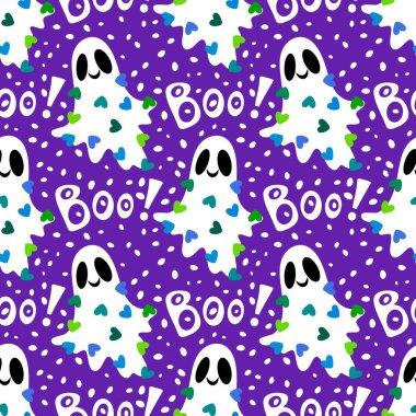 Cadılar Bayramı hayaletleri kağıt, kumaş, çarşaf ve çocuk giysileri baskısı, ambalaj ve şenlikli aksesuarlar için kusursuz çizgi film desenleri. Yüksek kaliteli illüstrasyon