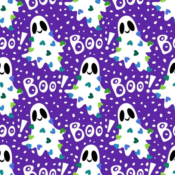Cadılar Bayramı hayaletleri kağıt, kumaş, çarşaf ve çocuk giysileri baskısı, ambalaj ve şenlikli aksesuarlar için kusursuz çizgi film desenleri. Yüksek kaliteli illüstrasyon