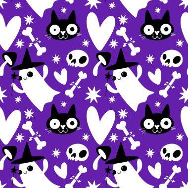 Cadılar Bayramı hayaletleri kağıt, kumaş, çarşaf ve çocuk giysileri baskısı, ambalaj ve şenlikli aksesuarlar için kusursuz çizgi film desenleri. Yüksek kaliteli illüstrasyon