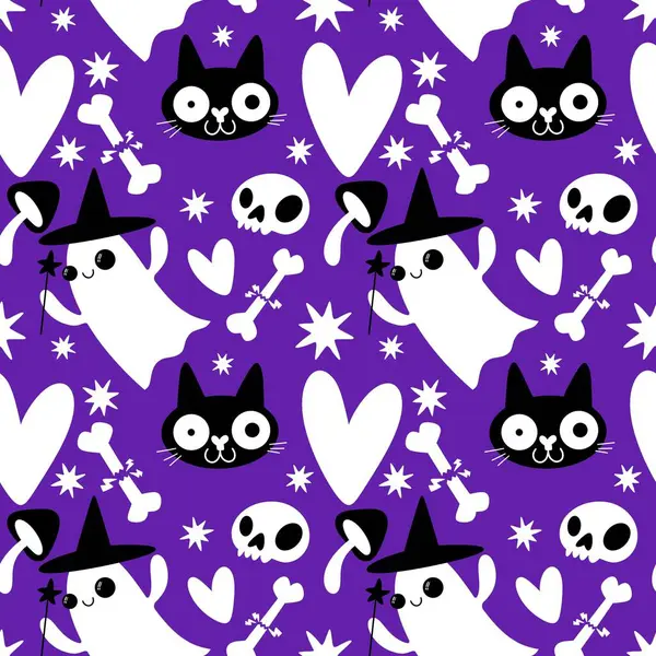 Cadılar Bayramı hayaletleri kağıt, kumaş, çarşaf ve çocuk giysileri baskısı, ambalaj ve şenlikli aksesuarlar için kusursuz çizgi film desenleri. Yüksek kaliteli illüstrasyon