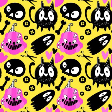 Cadılar Bayramı hayaletleri kağıt, kumaş, çarşaf ve çocuk giysileri baskısı, ambalaj ve şenlikli aksesuarlar için kusursuz çizgi film desenleri. Yüksek kaliteli illüstrasyon