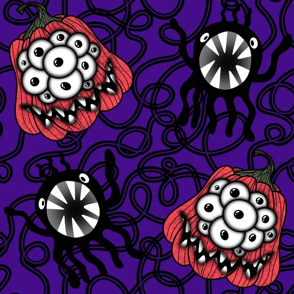 Cadılar Bayramı balkabakları kağıt, kumaş, çarşaf, çocuk giysisi baskısı, şenlik ambalajı ve sonbahar partisi aksesuarları için kusursuz canavar desenleri. Yüksek kaliteli illüstrasyon