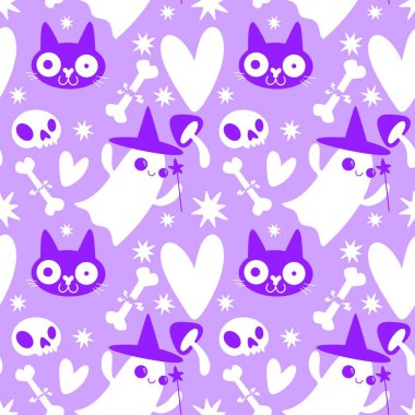 Cadılar Bayramı hayaletleri kağıt, kumaş, çarşaf ve çocuk giysileri baskısı, ambalaj ve şenlikli aksesuarlar için kusursuz çizgi film desenleri. Yüksek kaliteli illüstrasyon