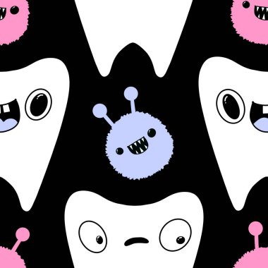 Kağıt, kumaş, çarşaf, çocuk giysisi baskısı, doktor aksesuarları ve eczane ambalajları için tıbbî ve kusursuz diş deseni. Yüksek kaliteli illüstrasyon