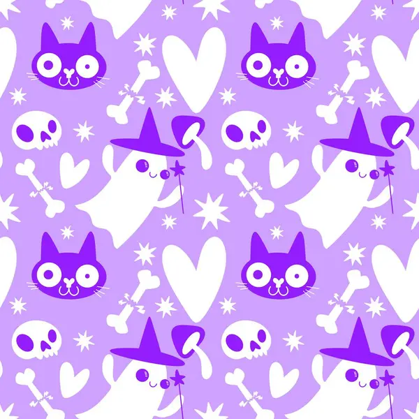 Cadılar Bayramı hayaletleri kağıt, kumaş, çarşaf ve çocuk giysileri baskısı, ambalaj ve şenlikli aksesuarlar için kusursuz çizgi film desenleri. Yüksek kaliteli illüstrasyon