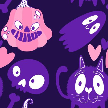 Cadılar Bayramı hayaletleri kağıt, kumaş, çarşaf ve çocuk giysileri baskısı, ambalaj ve şenlikli aksesuarlar için kusursuz çizgi film desenleri. Yüksek kaliteli illüstrasyon