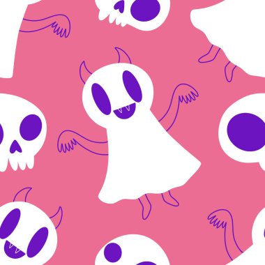 Cadılar Bayramı hayaletleri kağıt, kumaş, çarşaf ve çocuk giysileri baskısı, ambalaj ve şenlikli aksesuarlar için kusursuz çizgi film desenleri. Yüksek kaliteli illüstrasyon