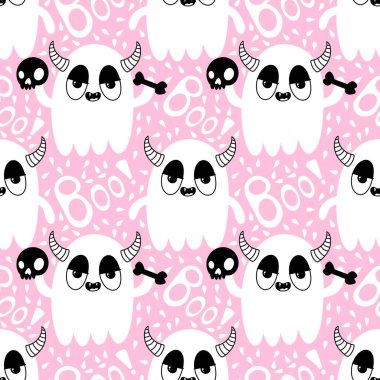 Cadılar Bayramı hayaletleri kağıt, kumaş, çarşaf ve çocuk giysileri baskısı, ambalaj ve şenlikli aksesuarlar için kusursuz çizgi film desenleri. Yüksek kaliteli illüstrasyon