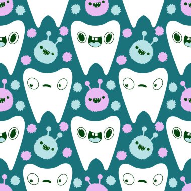 Kağıt, kumaş, çarşaf, çocuk giysisi baskısı, doktor aksesuarları ve eczane ambalajları için tıbbî ve kusursuz diş deseni. Yüksek kaliteli illüstrasyon