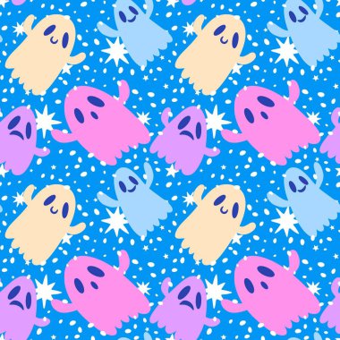 Cadılar Bayramı hayaletleri kağıt, kumaş, çarşaf ve çocuk giysileri baskısı, ambalaj ve şenlikli aksesuarlar için kusursuz çizgi film desenleri. Yüksek kaliteli illüstrasyon