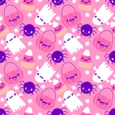 Cadılar Bayramı hayaletleri kağıt, kumaş, çarşaf ve çocuk giysileri baskısı, ambalaj ve şenlikli aksesuarlar için kusursuz çizgi film desenleri. Yüksek kaliteli illüstrasyon