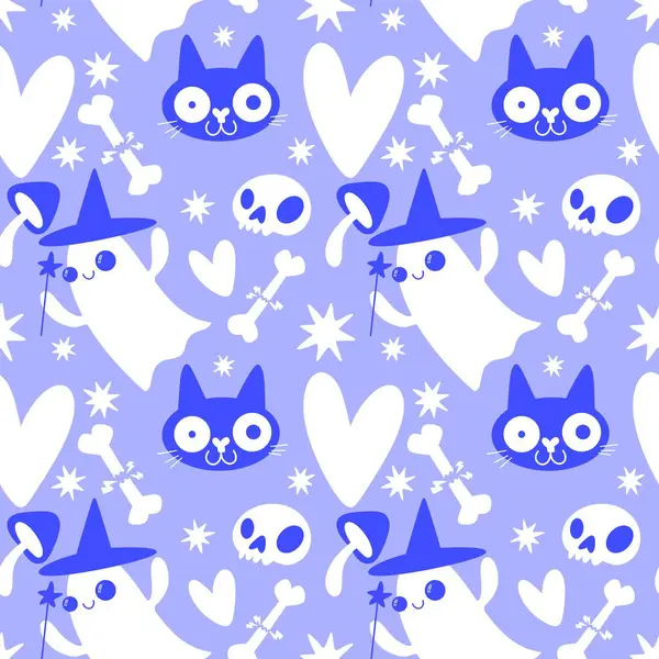 Cadılar Bayramı hayaletleri kağıt, kumaş, çarşaf ve çocuk giysileri baskısı, ambalaj ve şenlikli aksesuarlar için kusursuz çizgi film desenleri. Yüksek kaliteli illüstrasyon