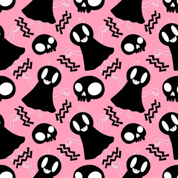 Cadılar Bayramı hayaletleri kağıt, kumaş, çarşaf ve çocuk giysileri baskısı, ambalaj ve şenlikli aksesuarlar için kusursuz çizgi film desenleri. Yüksek kaliteli illüstrasyon