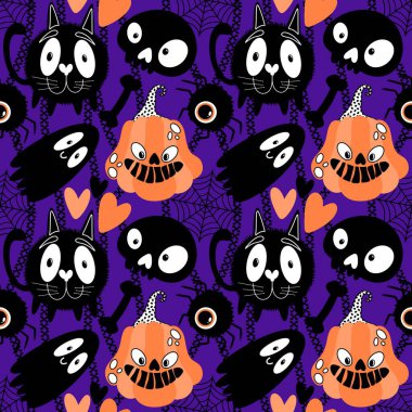 Cadılar Bayramı hayaletleri kağıt, kumaş, çarşaf ve çocuk giysileri baskısı, ambalaj ve şenlikli aksesuarlar için kusursuz çizgi film desenleri. Yüksek kaliteli illüstrasyon